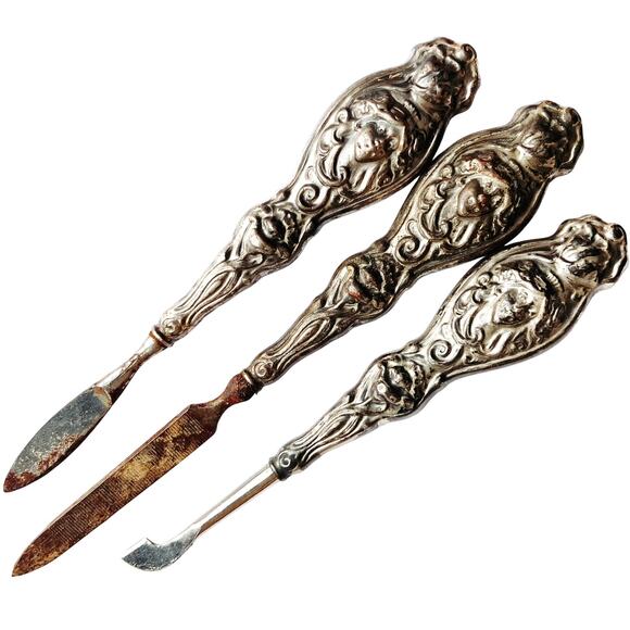 Antique Art Nouveau Vanity Grooming Tools Set Silver Handles Edwardian 1895–1905 - Picture 1 of 14